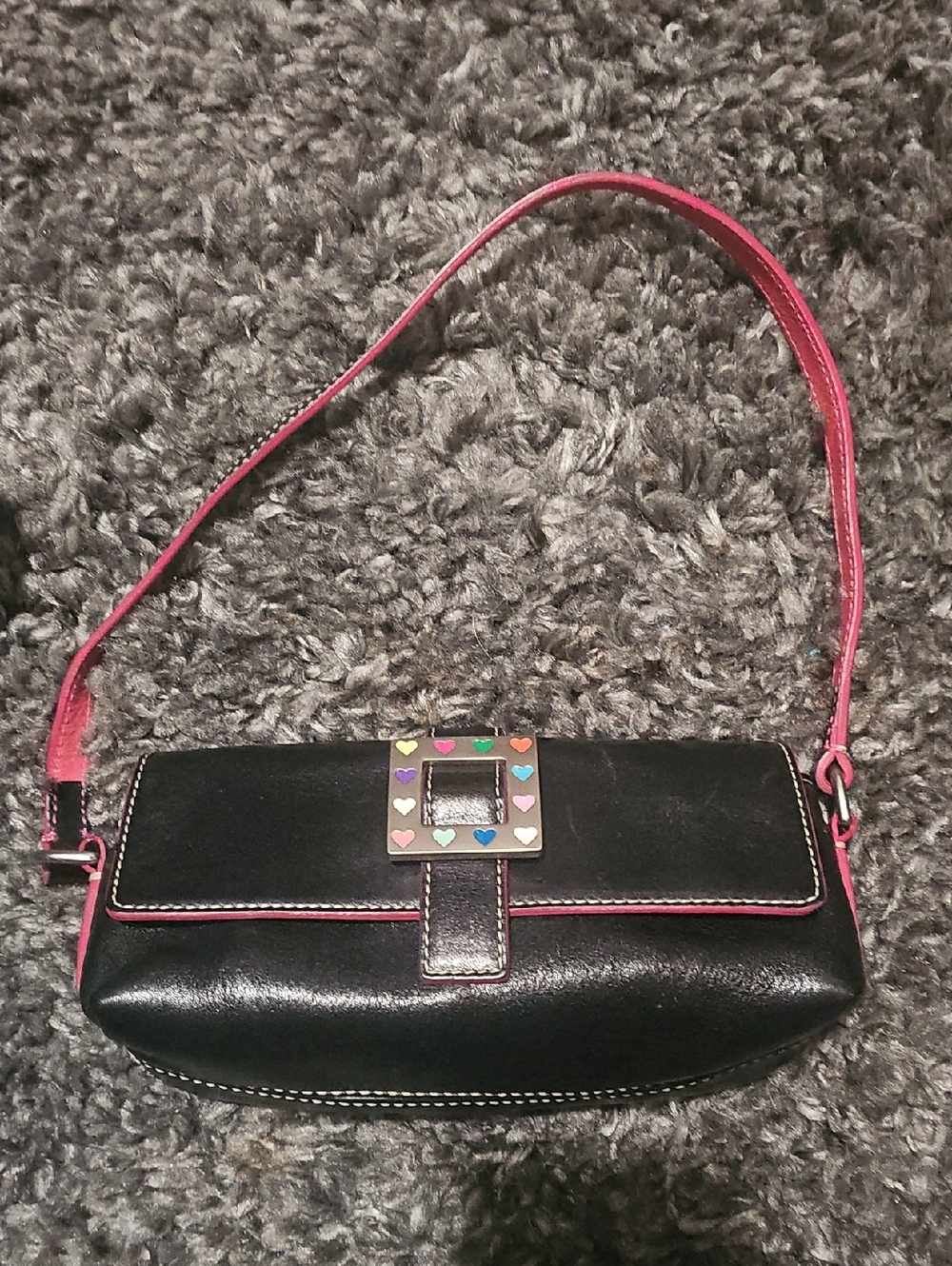 Black and Pink Leather Shoulder Bag with Heart Accent... DOONEY AND BOURKE